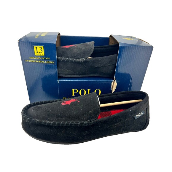 NIB POLO RALPH LAUREN Men's Sz 13 Moccasin Slippers Declan Red Pony Black Suede - Picture 1 of 7